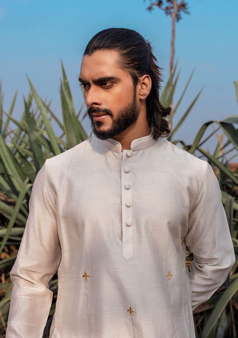 Ivory Hand Embroidered Vegan Silk Blend Kurta Set For Men - Indya
