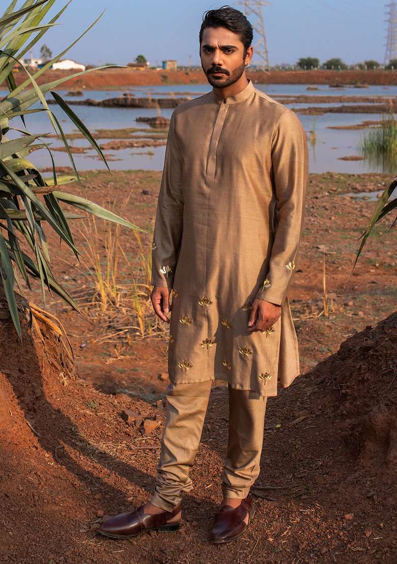 Brown Hand Embroidered Vegan Silk Blend Lotus Bliss Kurta Set For Men - Indya