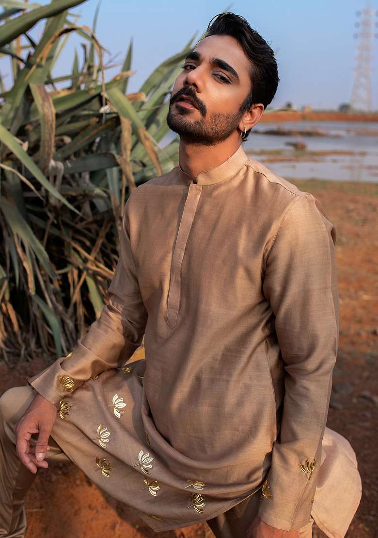 Brown Hand Embroidered Vegan Silk Blend Lotus Bliss Kurta Set For Men - Indya