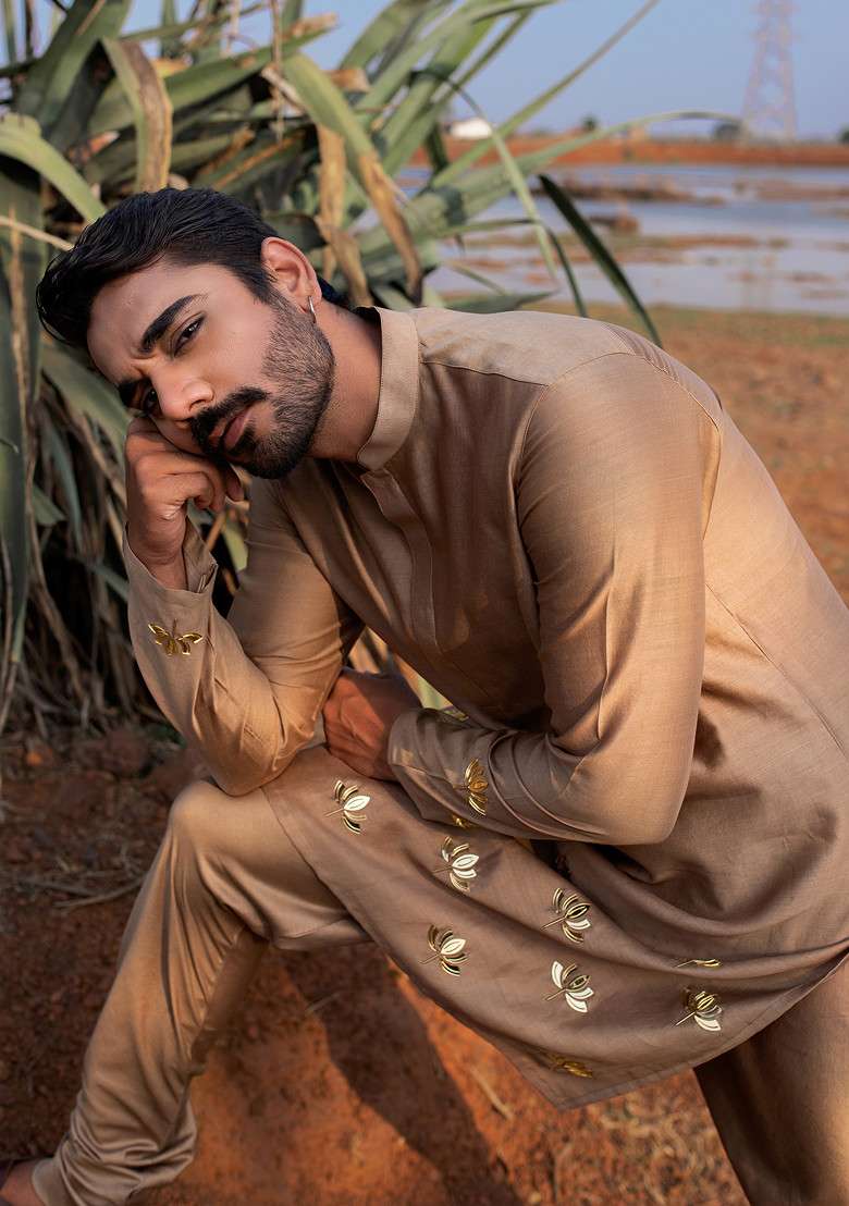 Brown Hand Embroidered Vegan Silk Blend Lotus Bliss Kurta Set For Men - Indya