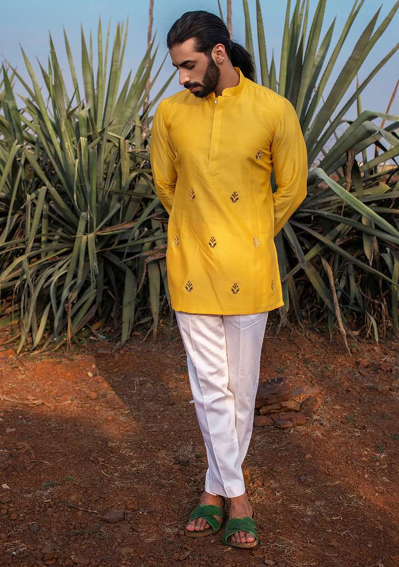 Yellow Pearl Embroidered Moth Short Kurta Set For Men - Indya