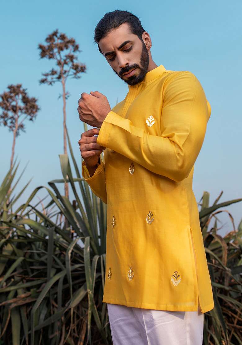 Yellow Pearl Embroidered Moth Short Kurta Set For Men - Indya