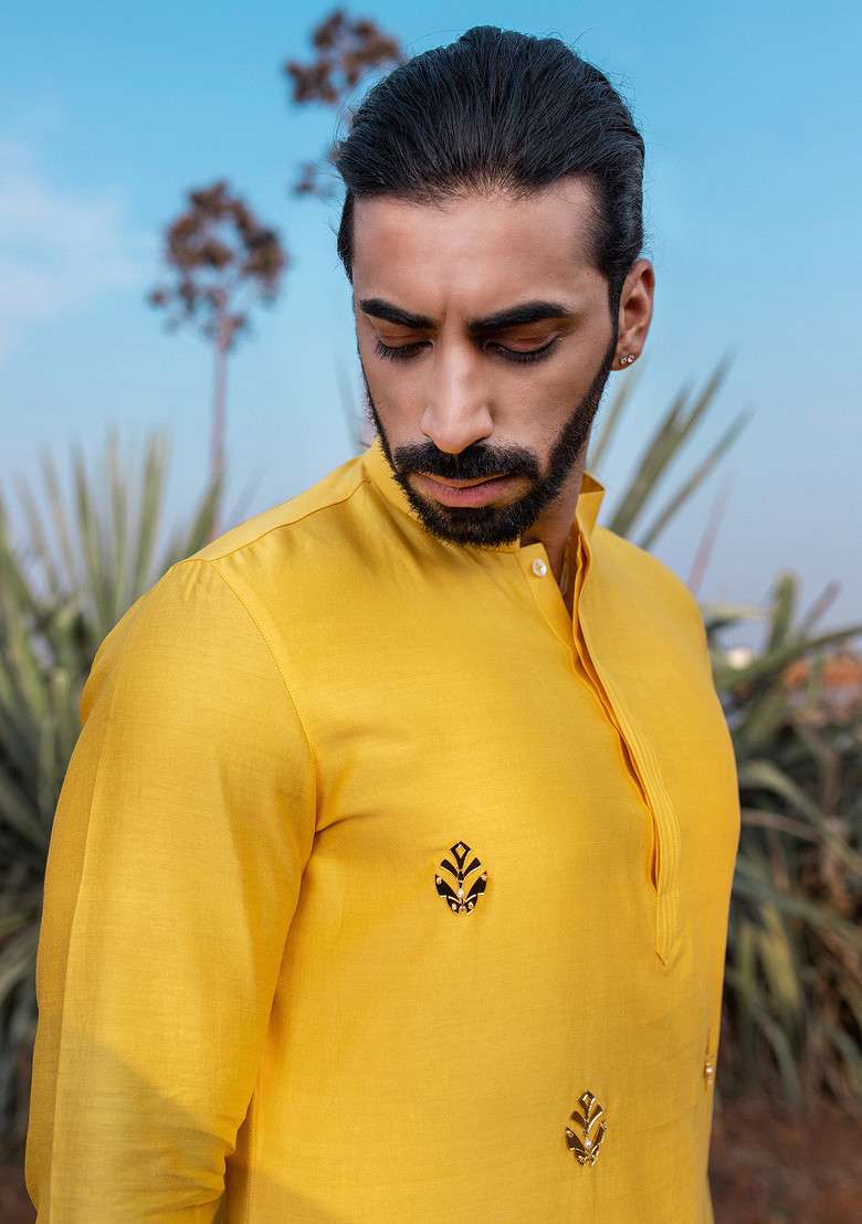 Yellow Pearl Embroidered Moth Short Kurta Set For Men - Indya