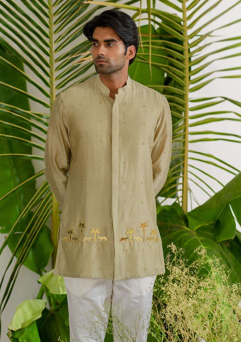 Khaki Cut Pipe Embellished Heritage Short Kurta Set For Men - Indya