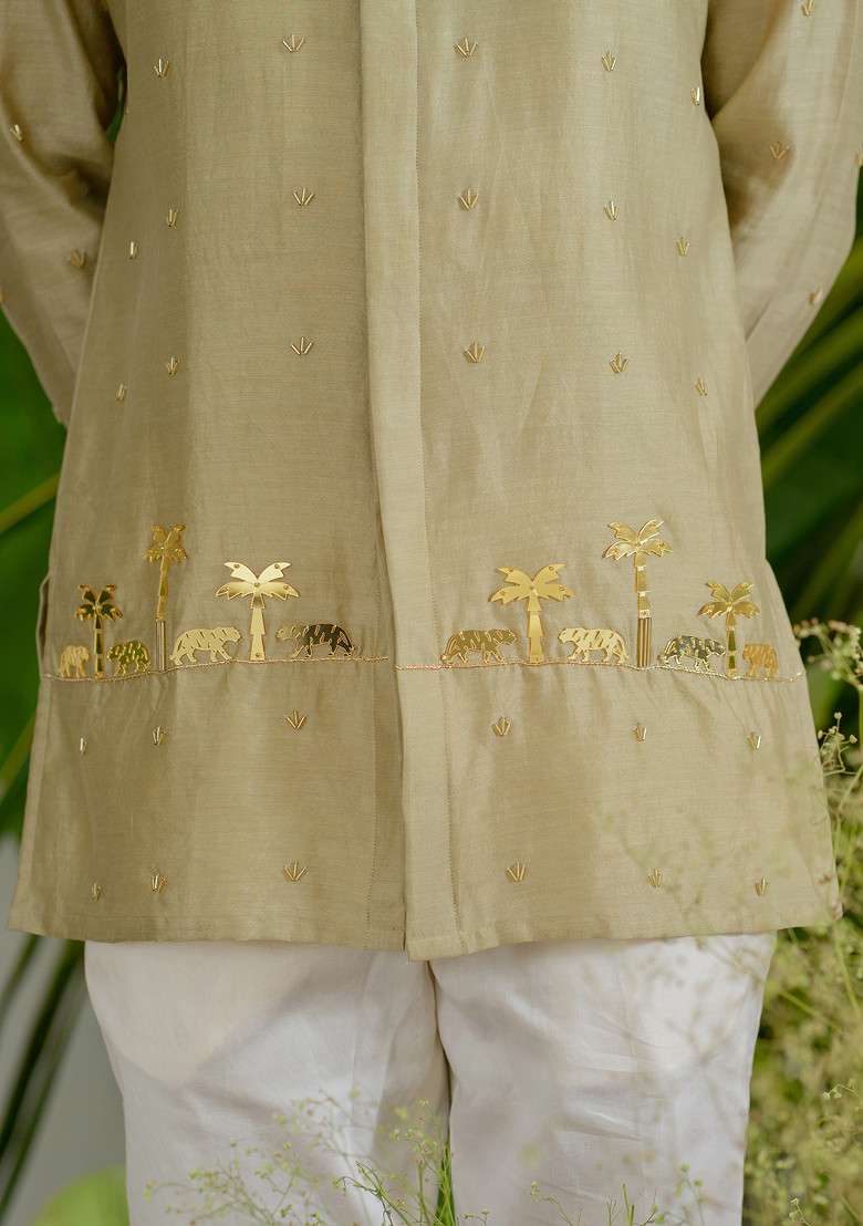 Khaki Cut Pipe Embellished Heritage Short Kurta Set For Men - Indya