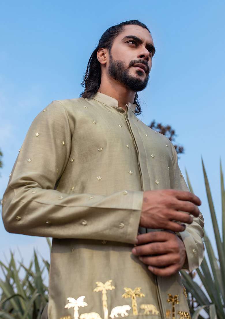 Khaki Cut Pipe Embellished Heritage Short Kurta Set For Men - Indya