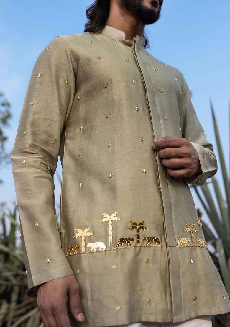 Khaki Cut Pipe Embellished Heritage Short Kurta Set For Men - Indya