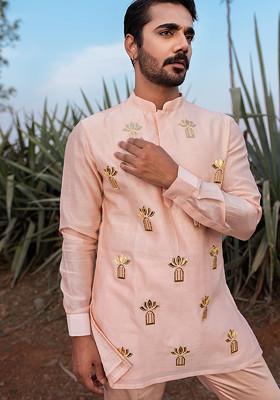 Peach Hand Embroidered Short Kurta Set For Men
