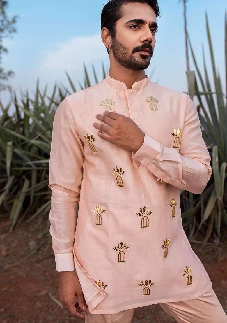 Peach Hand Embroidered Short Kurta Set For Men - Indya