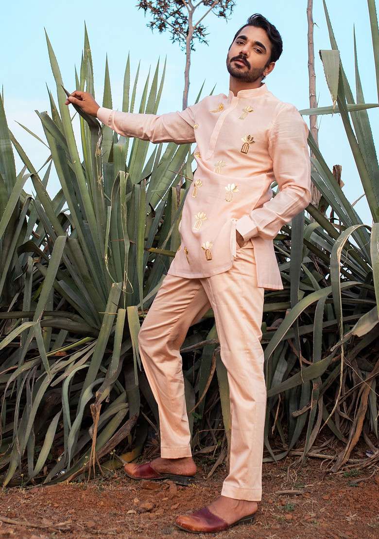 Peach Hand Embroidered Short Kurta Set For Men - Indya