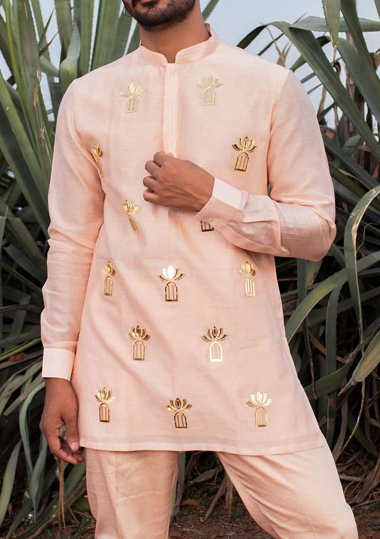 Peach Hand Embroidered Short Kurta Set For Men - Indya