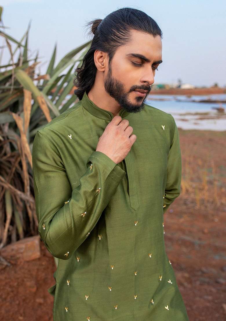 Green Pearl Embellished Short Kurta Set For Men - Indya