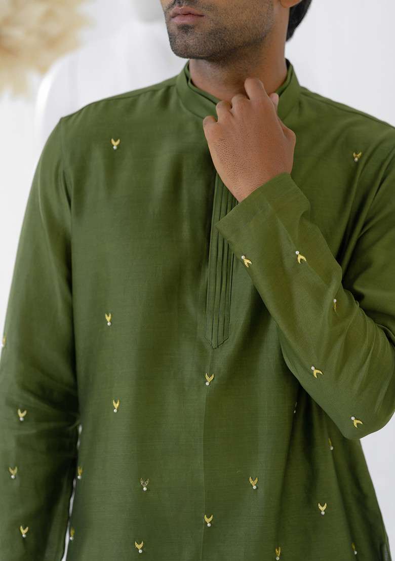 Green Pearl Embellished Short Kurta Set For Men - Indya