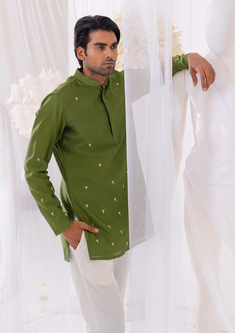 Green Pearl Embellished Short Kurta Set For Men - Indya