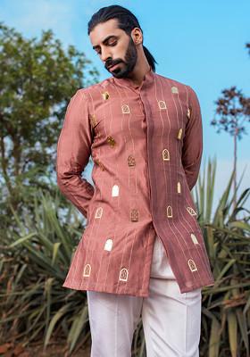 Mauve Cut Pipe Embellished Short Kurta Set For Men