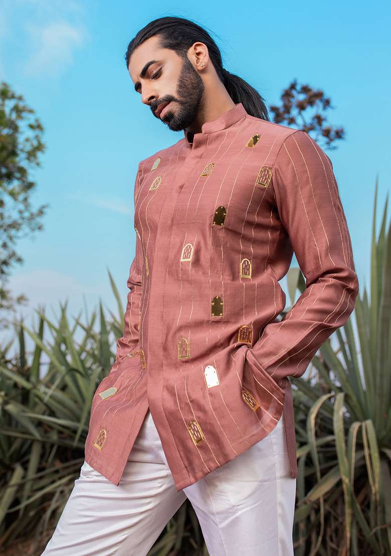 Mauve Cut Pipe Embellished Short Kurta Set For Men - Indya