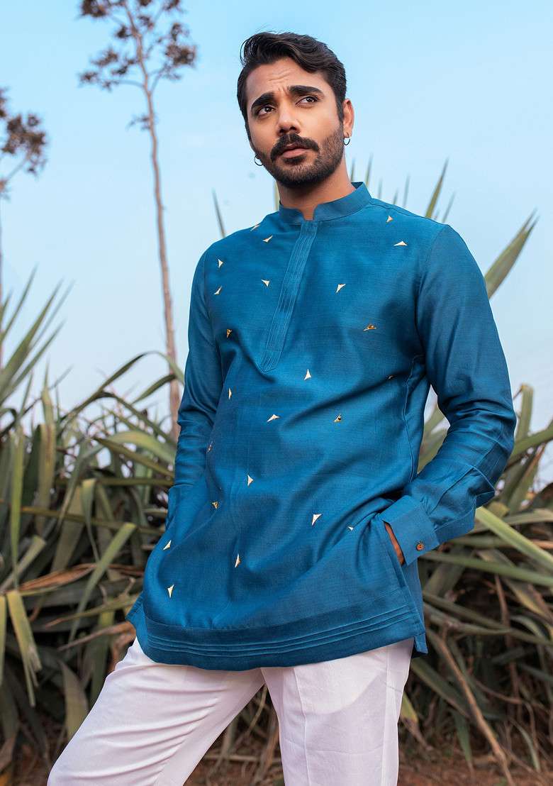 Navy Blue Hand Embroidered Abstract Short Kurta Set For Men - Indya