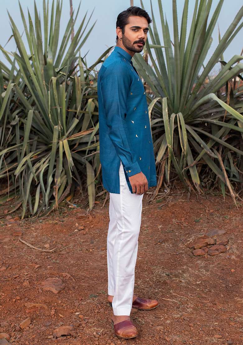 Navy Blue Hand Embroidered Abstract Short Kurta Set For Men - Indya