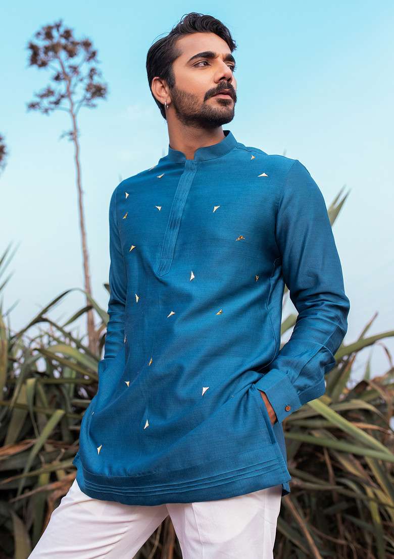 Navy Blue Hand Embroidered Abstract Short Kurta Set For Men - Indya