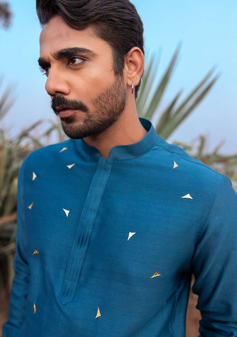 Navy Blue Hand Embroidered Abstract Short Kurta Set For Men - Indya
