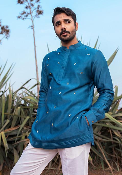 Navy Blue Hand Embroidered Abstract Short Kurta Set For Men