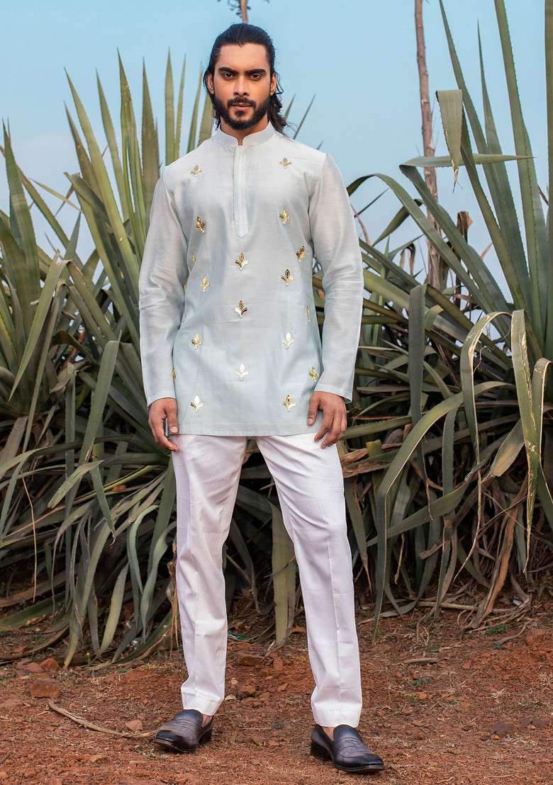 Blue Pearl Embellished Paradise Short Kurta Set For Men - Indya