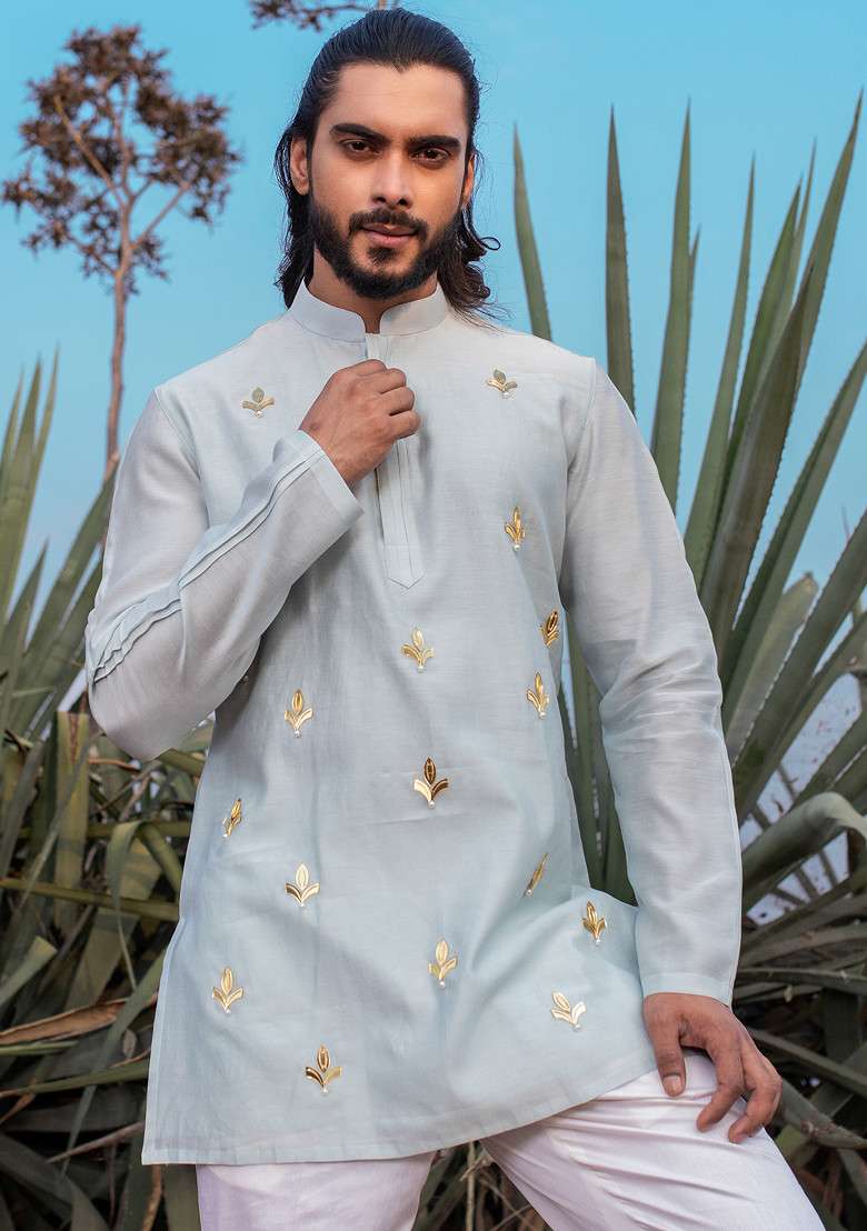 Blue Pearl Embellished Paradise Short Kurta Set For Men - Indya