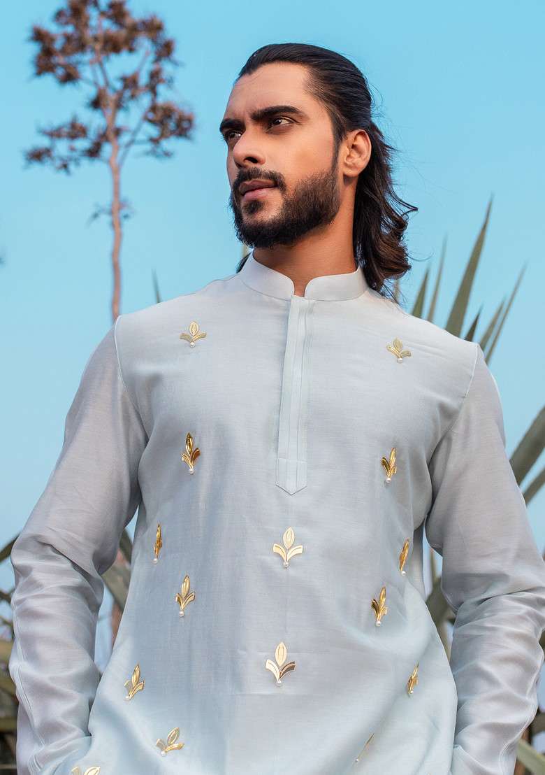 Blue Pearl Embellished Paradise Short Kurta Set For Men - Indya