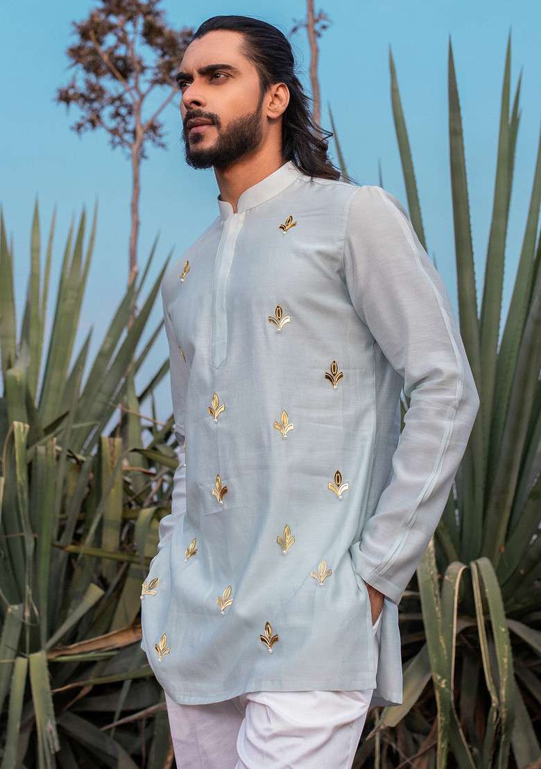 Blue Pearl Embellished Paradise Short Kurta Set For Men - Indya