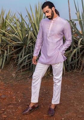 Lavender Cut Pipe Embellished Short Kurta Set For Men