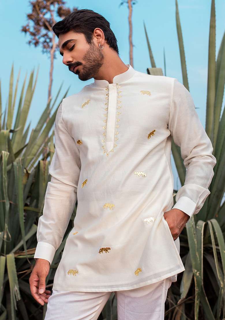 Ivory Hand Embroidered Tiger Short Kurta Set For Men - Indya