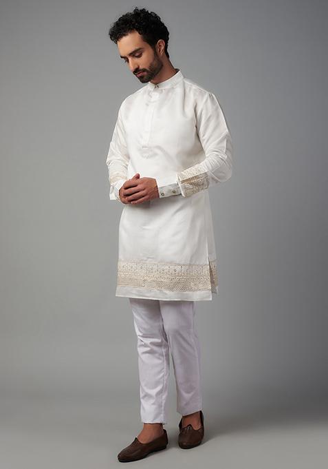 White Embroidered Cotton Silk Kurta Set For Men