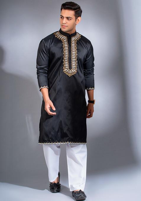 Black And White Leather Embroidered Kurta Set For Men