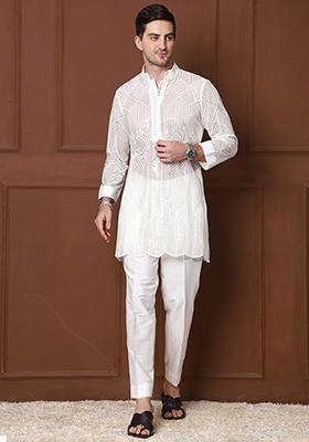 White Sequin Short Kurta Set For Men