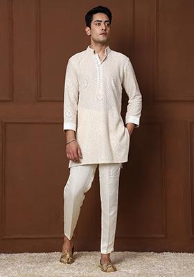 Light Cream Embroidered Kurta Set For Men