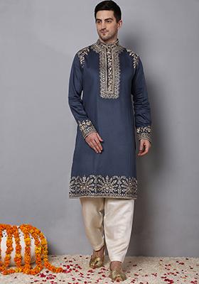 Midnight Blue Cotton Embroidered Kurta Set For Men