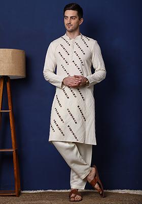 Off White Diagonal Pintex Kurta Set For Men