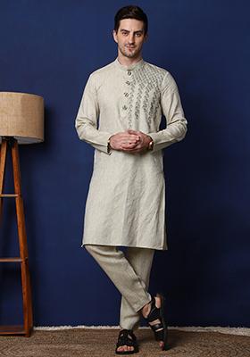 Mint Green Linen Thread Kurta Set For Men