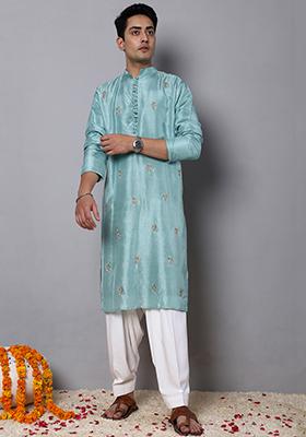 Turquoise Blue Dabka Work Kurta Set For Men