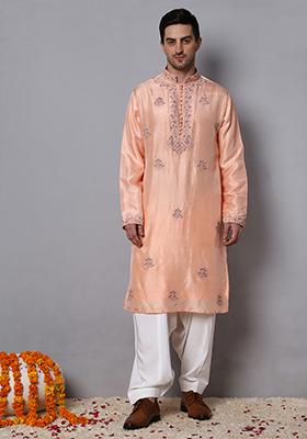 Peach Pearl Embroidered Kurta Set For Men