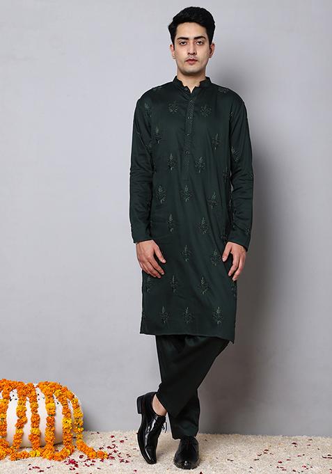 Bottle Green Thread And Bead Embroidered Kurta Set For Men