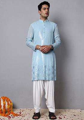 Powder Blue Sequin Embroidered Kurta Set For Men