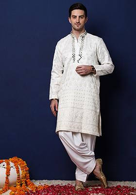 Off White Mirror Work Embellished Neck Kurta Set For Men