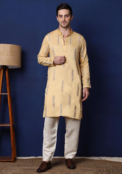 Dull Yellow Vertical Leaf Embroidered Kurta Set For Men