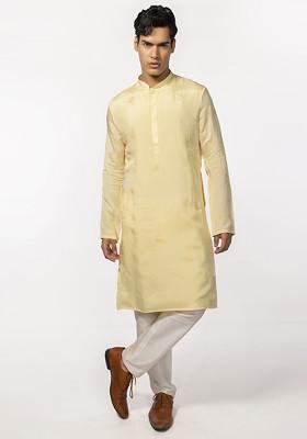 Yellow Bead Embroidered Kurta Set For Men