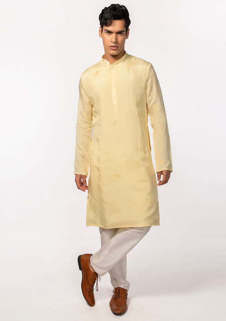 Yellow Bead Embroidered Kurta Set For Men - Indya