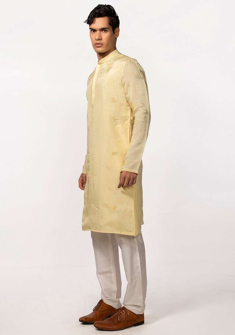 Yellow Bead Embroidered Kurta Set For Men - Indya