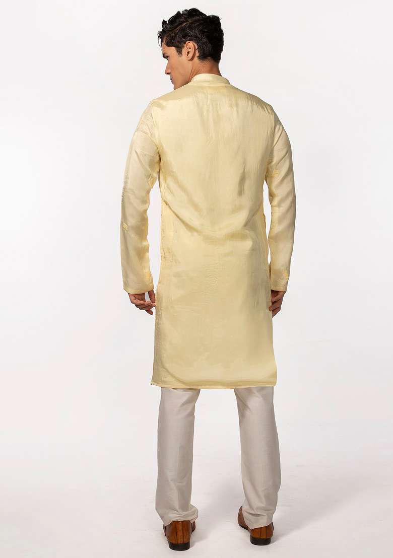 Yellow Bead Embroidered Kurta Set For Men - Indya