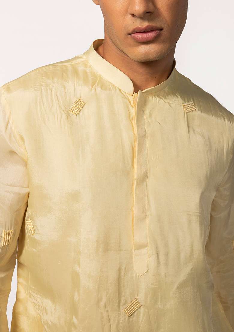 Yellow Bead Embroidered Kurta Set For Men - Indya