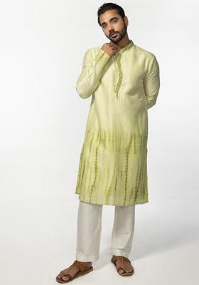 Green Tie Dye Mirror Work Kurta Set For Men
